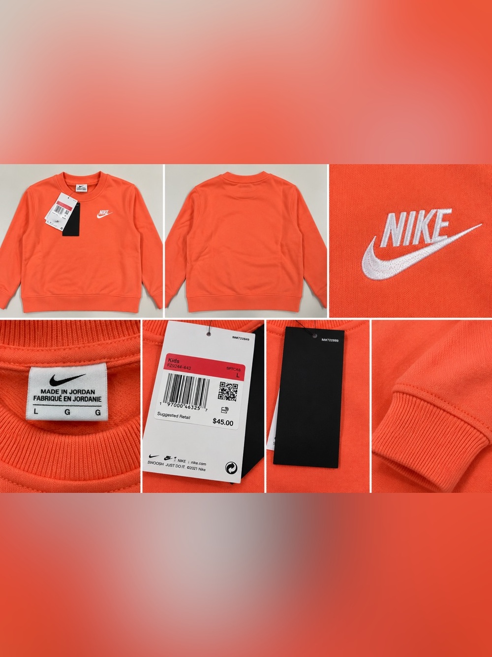 Girls youth Nike Orange Crewneck Sweatshirt Large